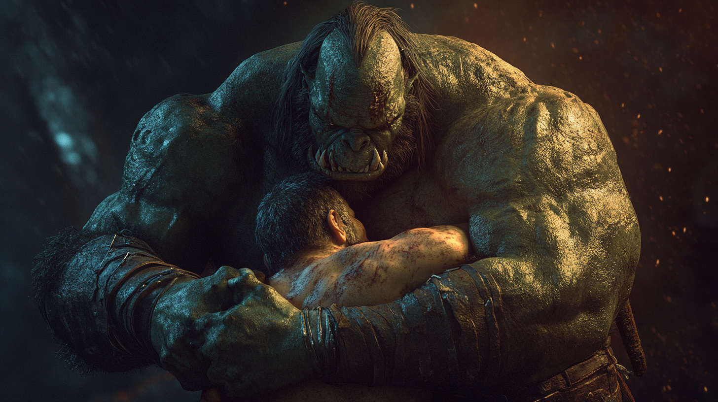 orc wrestling man in headlock, epic dark fantasy action