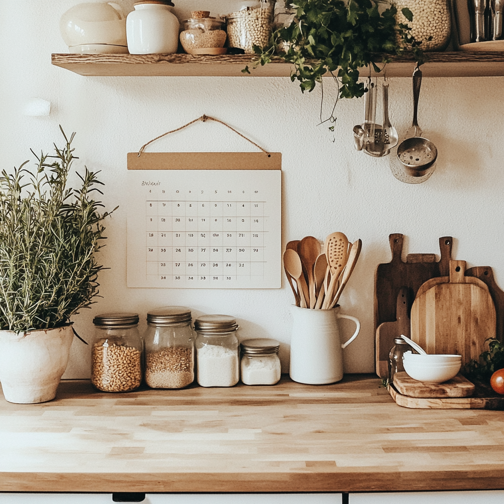 Serene organized kitchen with meal planner