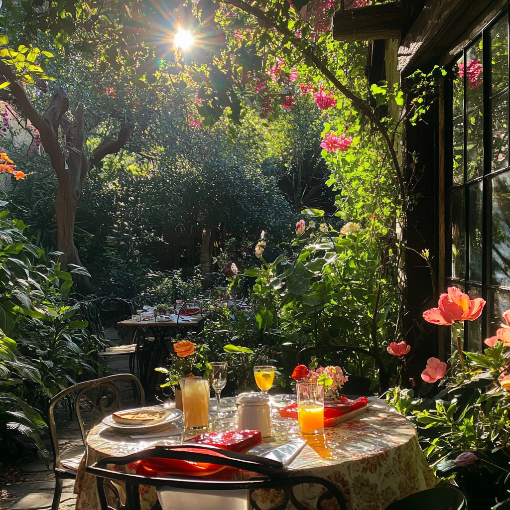 Outdoor lunch amidst blooming flowers