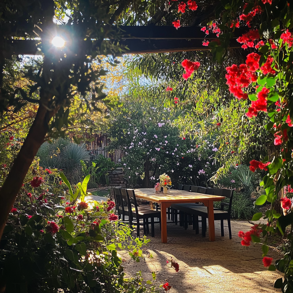 Serene outdoor lunch setting blooming