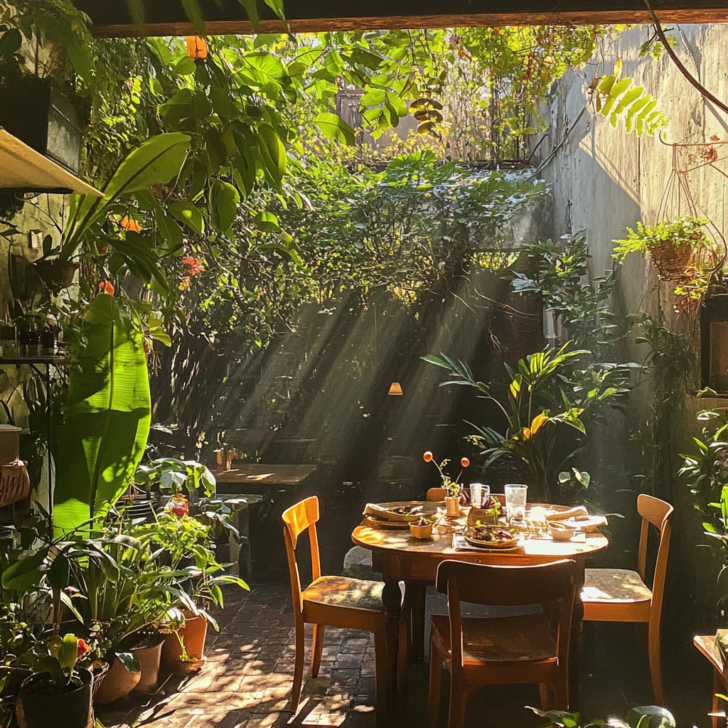 Cozy outdoor lunch surrounded by plants