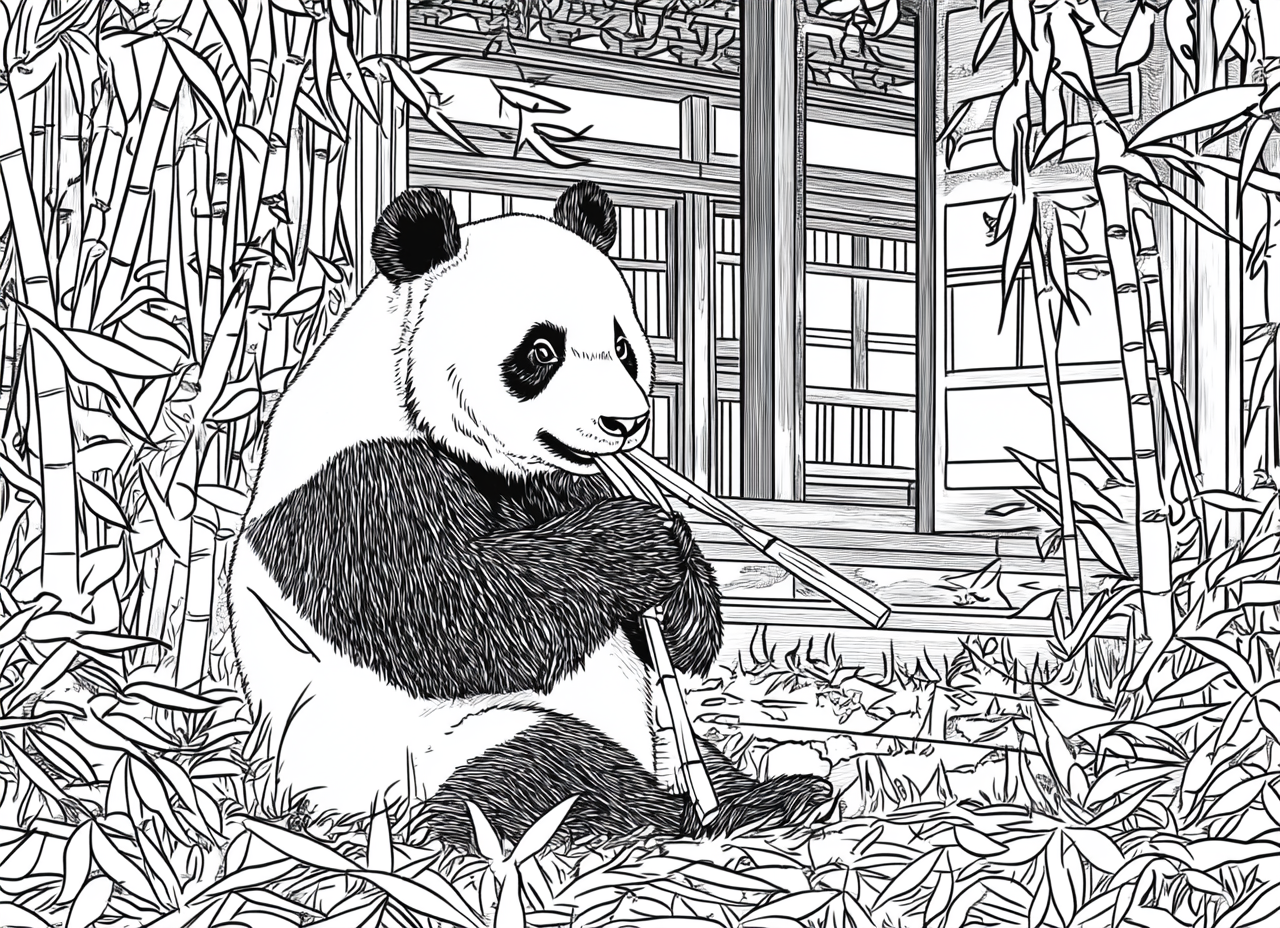 Panda Eating Bamboo in Temple