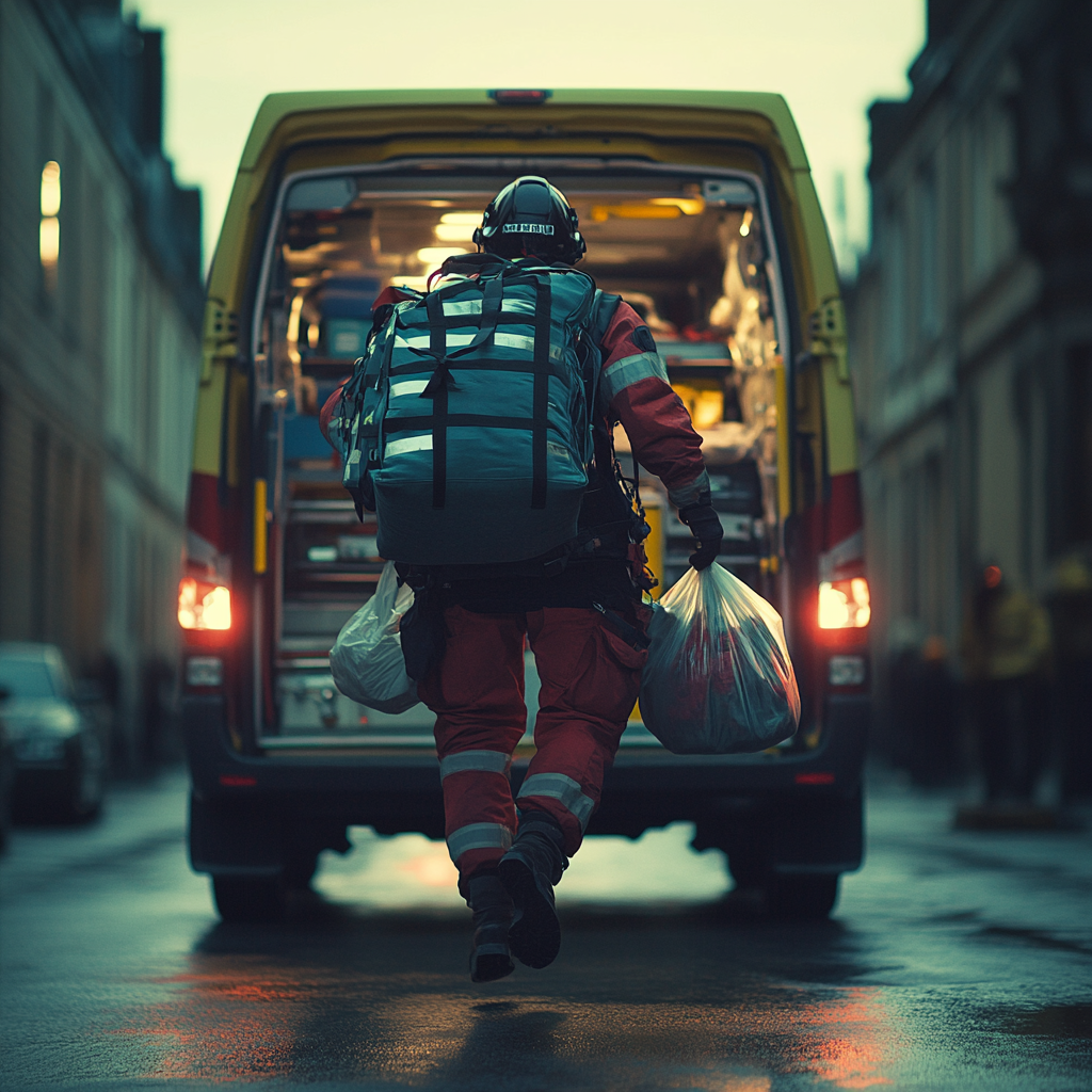 paramedic with medical equipment bags