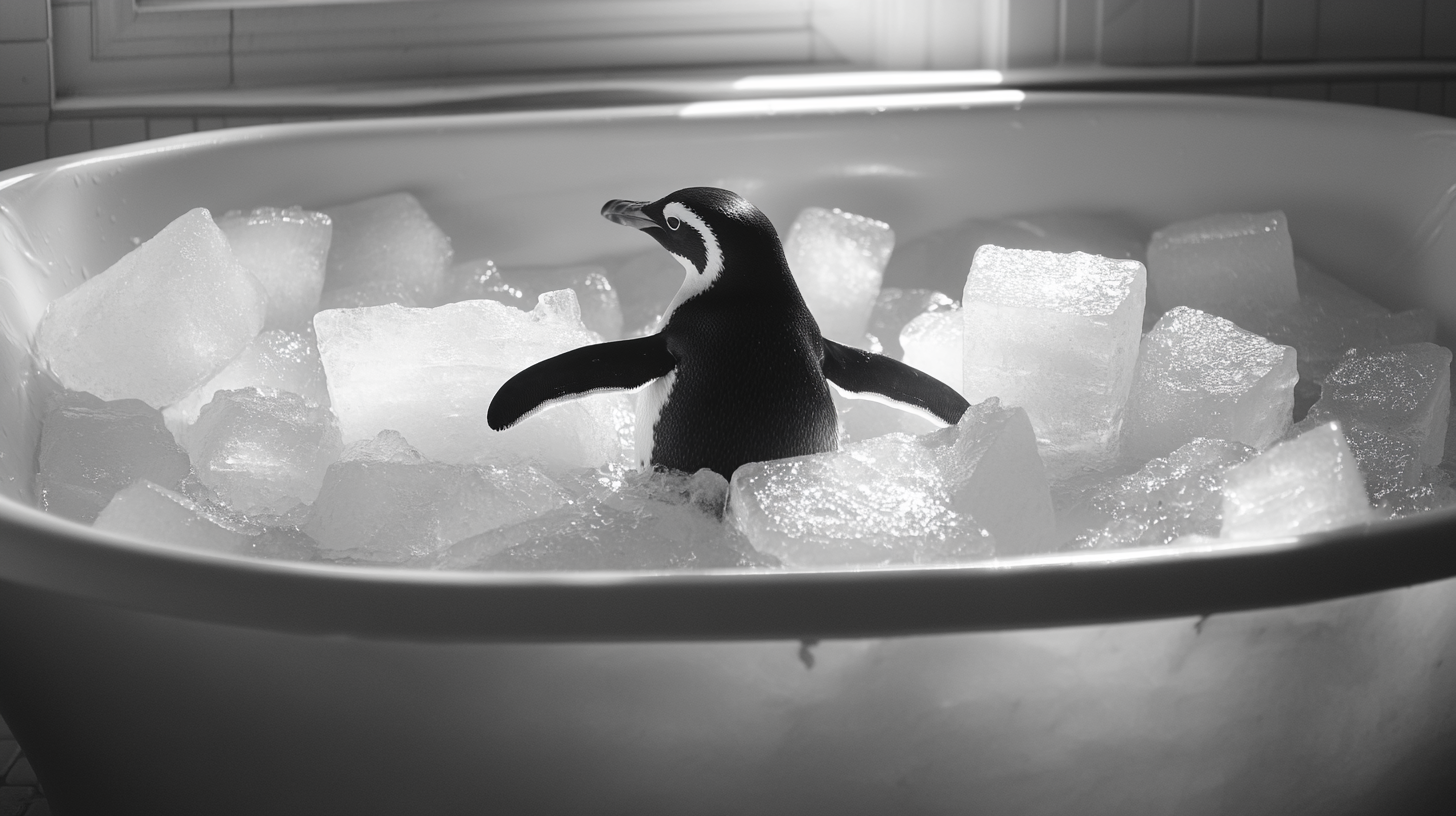 Penguin enjoying ice bath spa