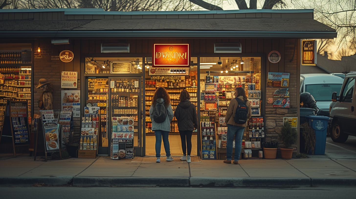 People exiting liquor store