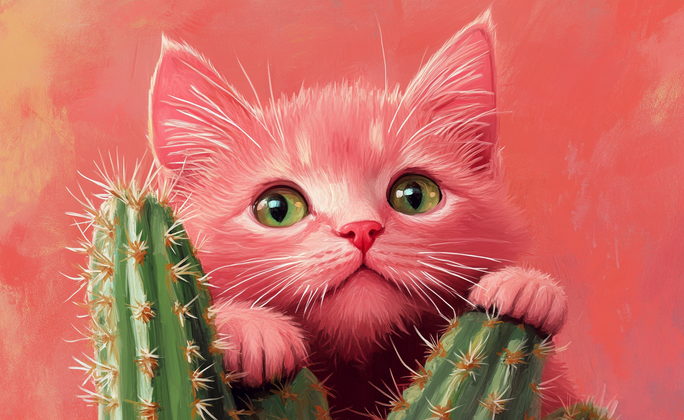 Pink kitty behind cactus illustration