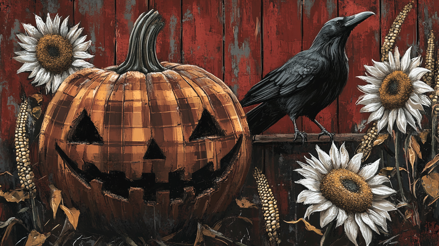 Plaid pumpkin, sunflowers, raven, cornstalks