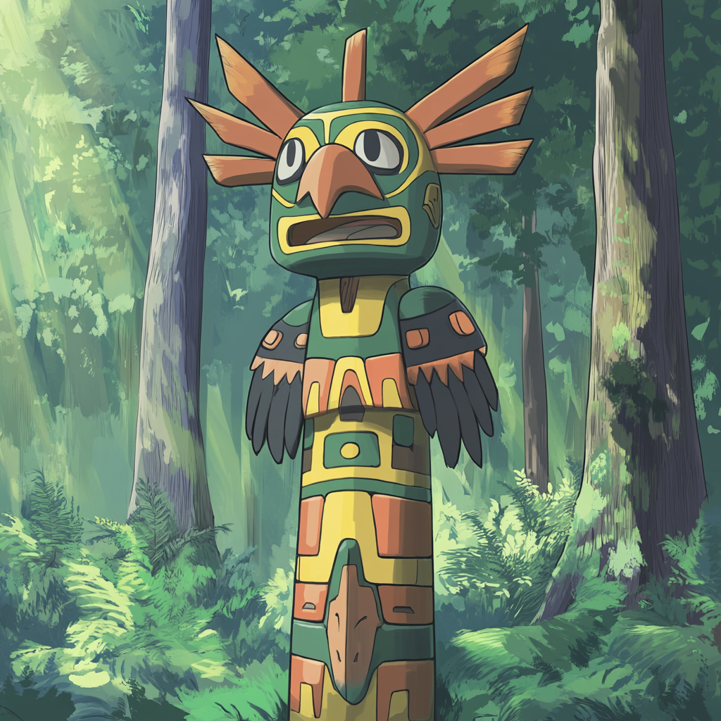 pokemon evolving in forest background, resembling totem pole.