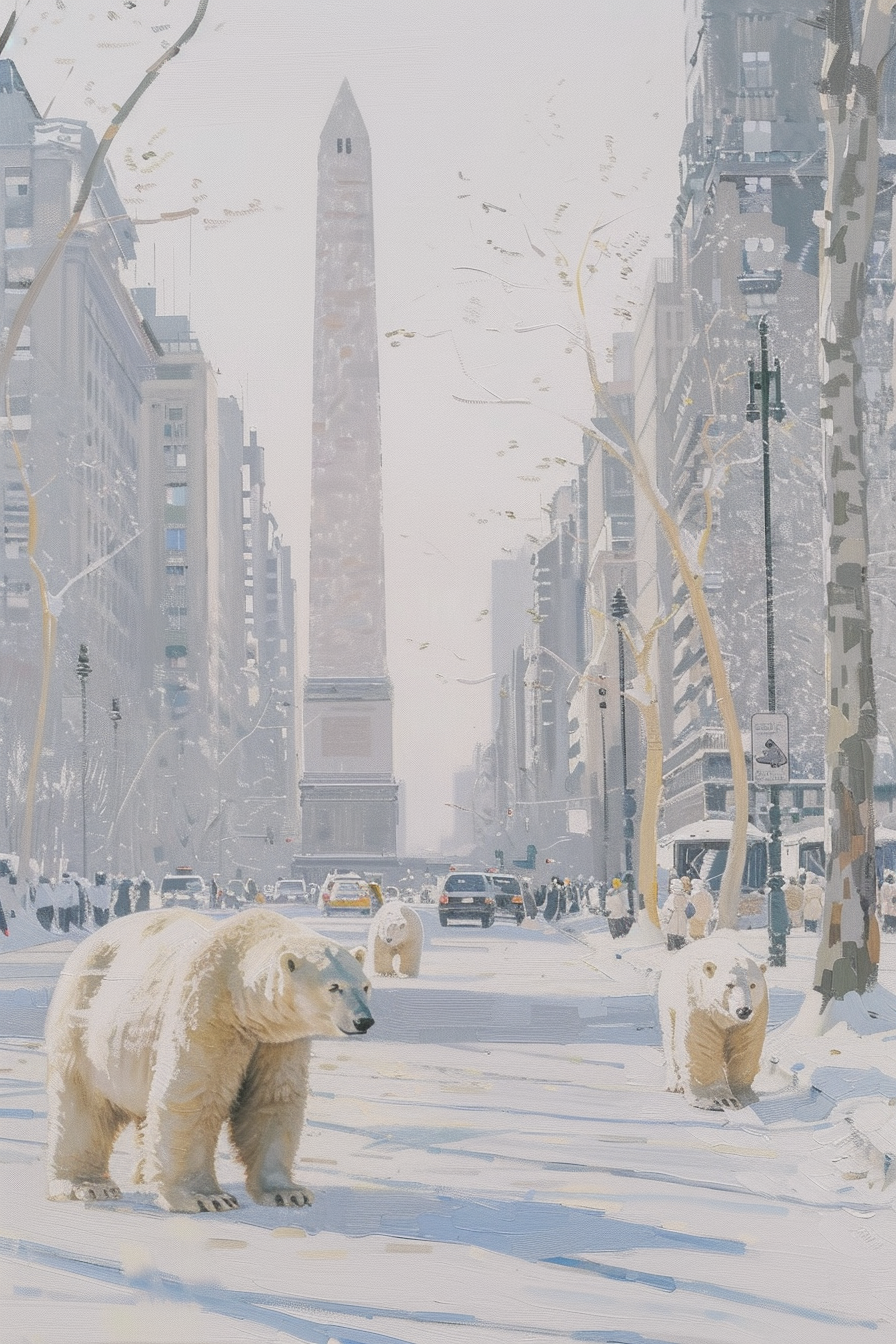 polar bears in street with Buenos Aires obelisk background.