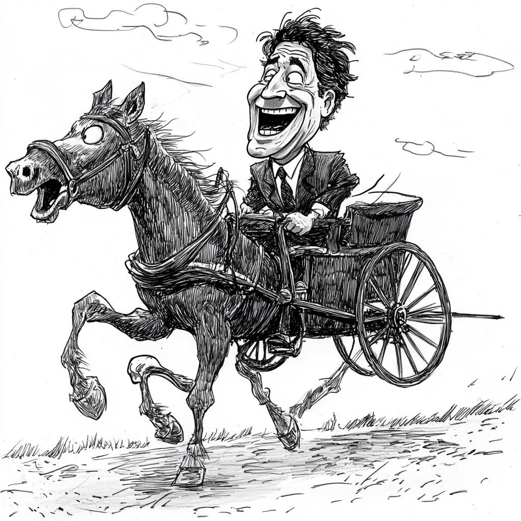 Trudeau laughing on carriage political cartoon