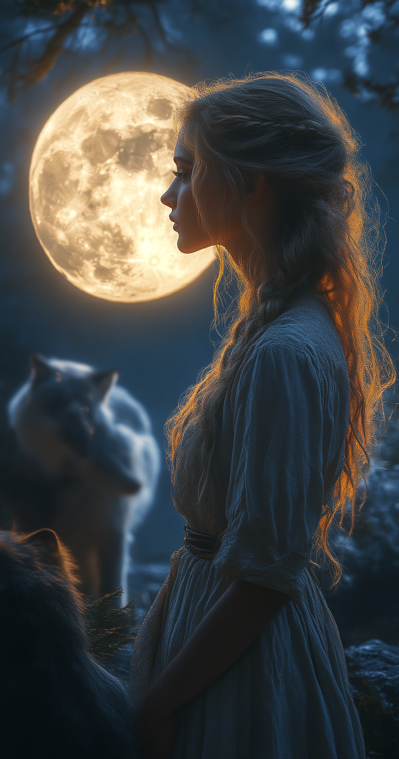 powerful goddess Hekate with wolves under full moon