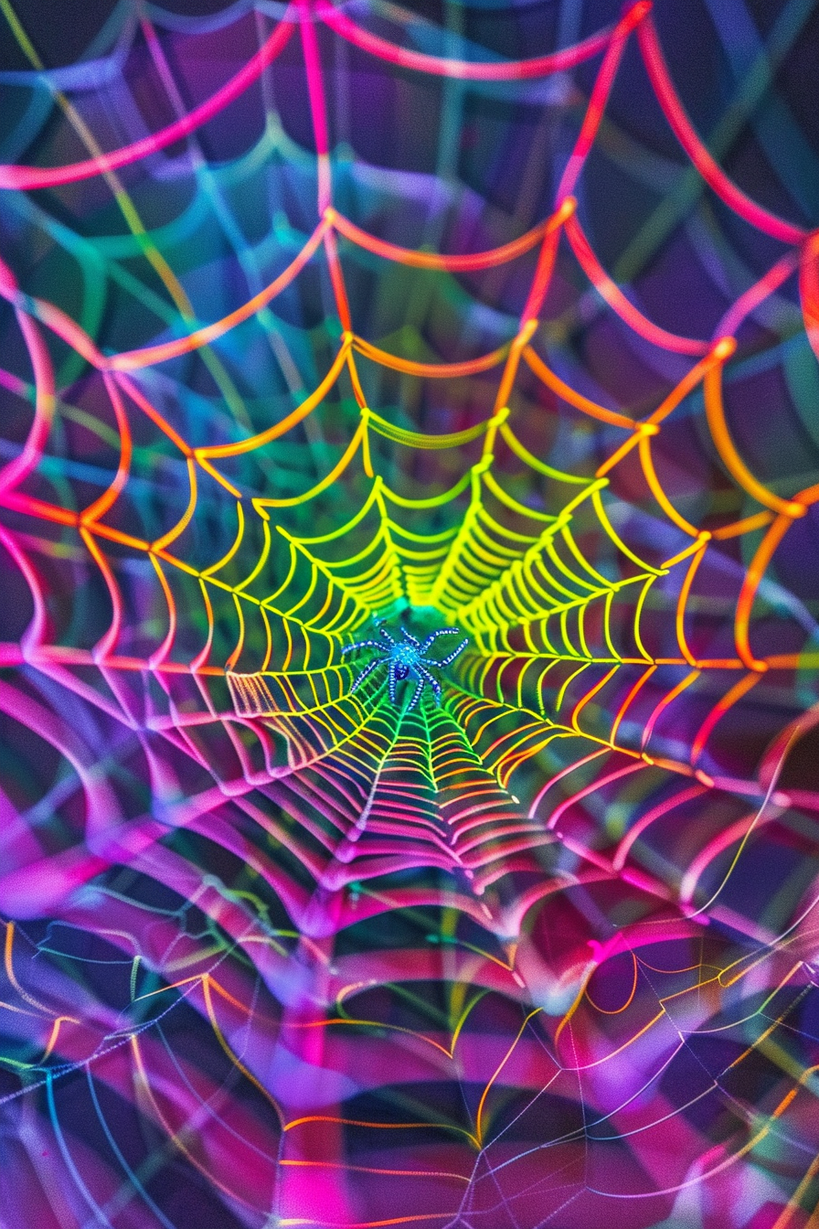 Neon spider on colorful web