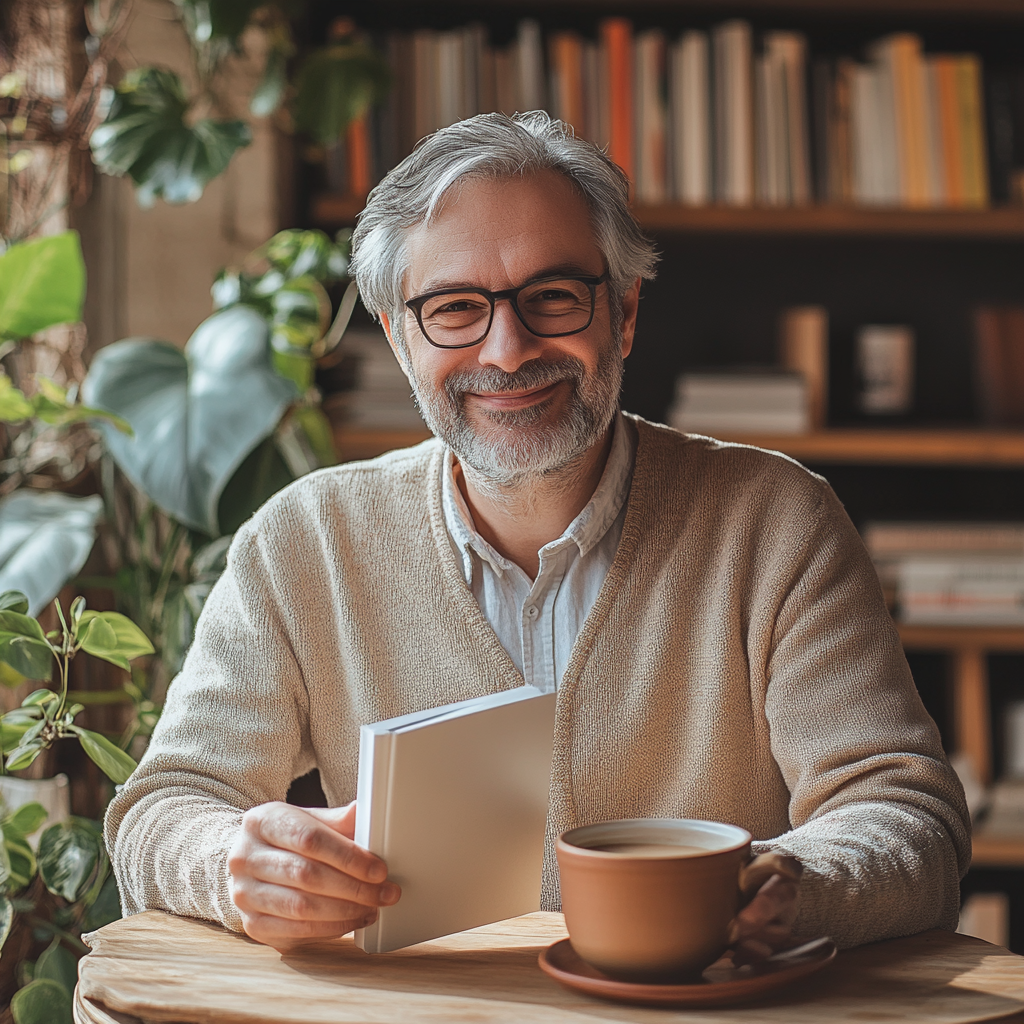 Middle-aged psychologist presenting elegant book