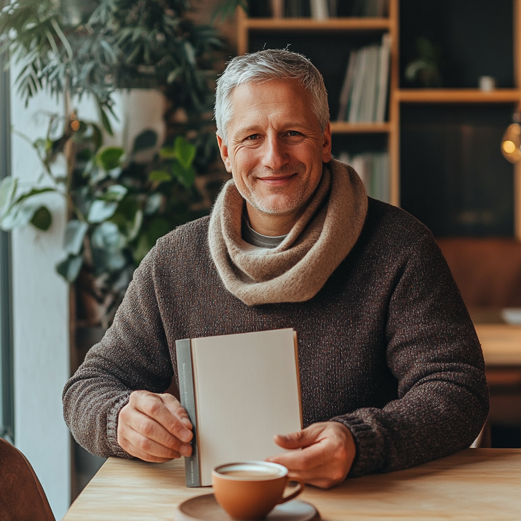 Middle aged psychologist presenting elegant book