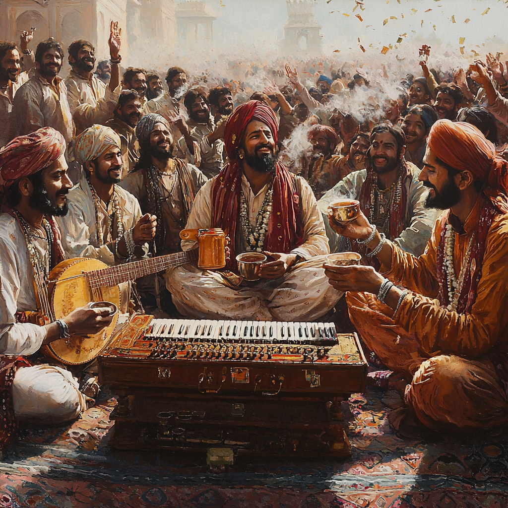 Qawwals playing harmonium and drinking chai