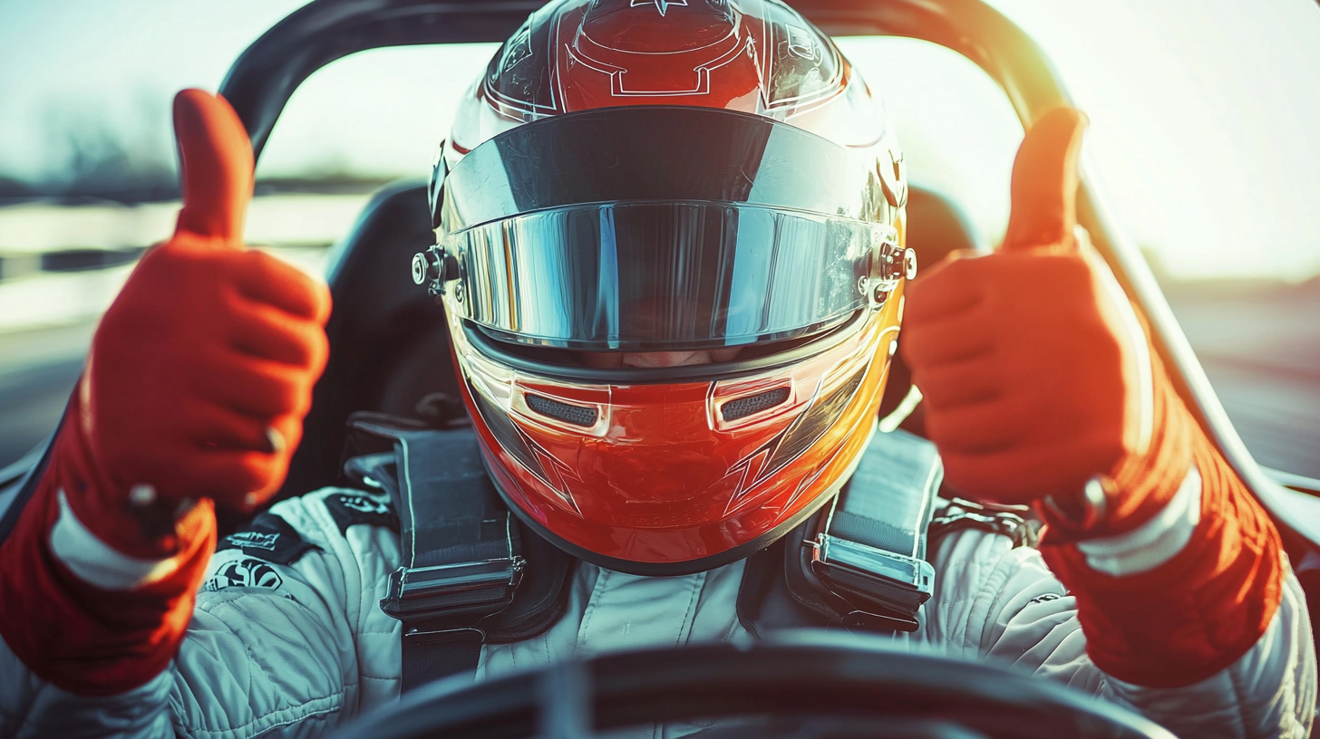 Racecar driver with thumbs up