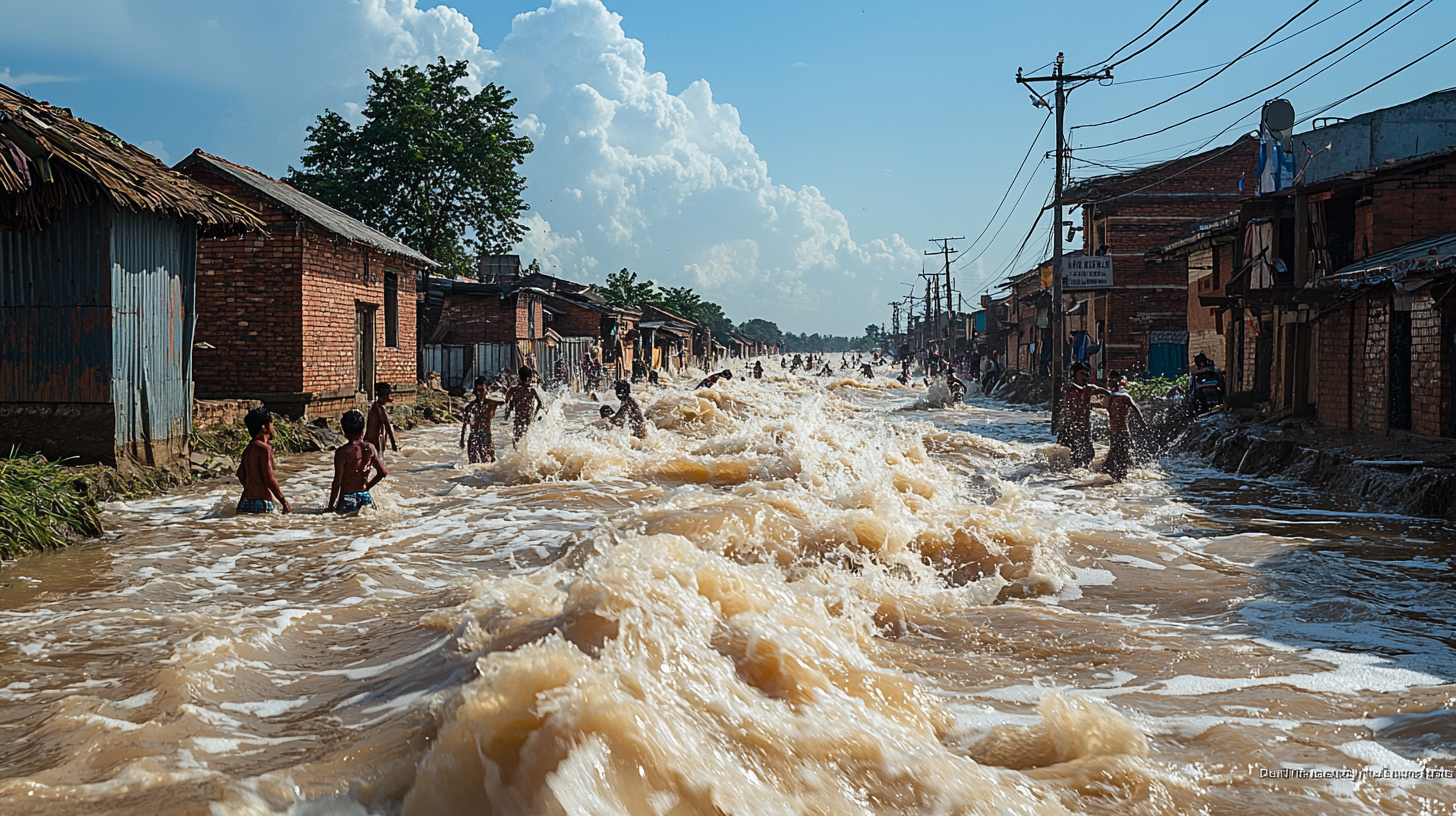 people in raging flood river