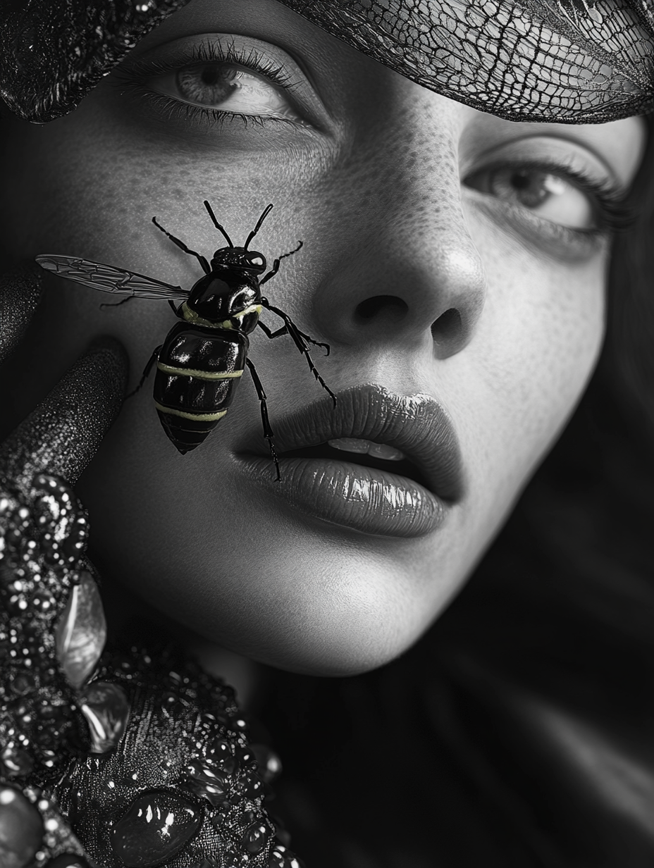 Detailed black white queen bee portrait