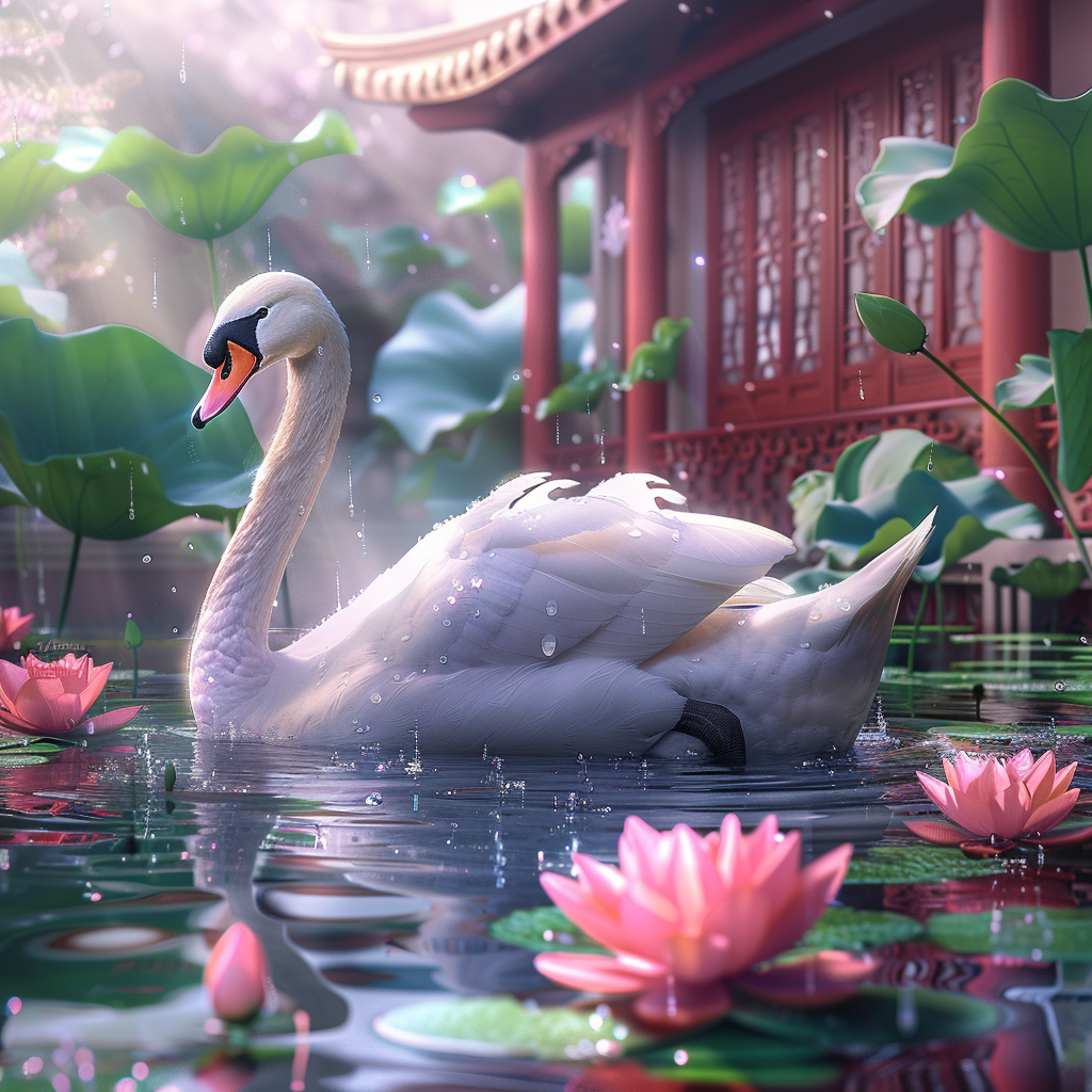 realistic white swan in lotus pond after rainstorm.