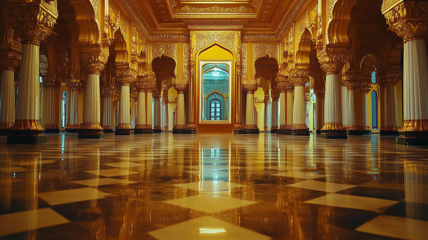 rectangle mirror in golden palace at night time.