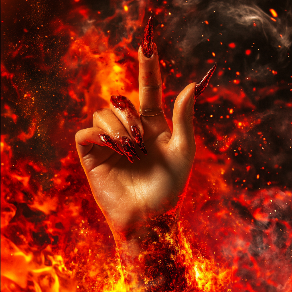 Female hand with horns and fire