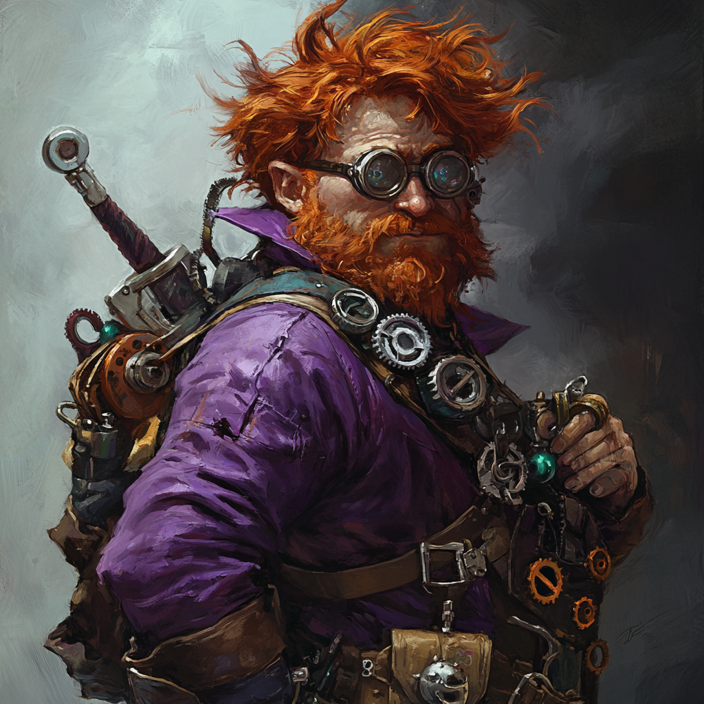 red-haired gnome wizard with wrench and goggles carries gears