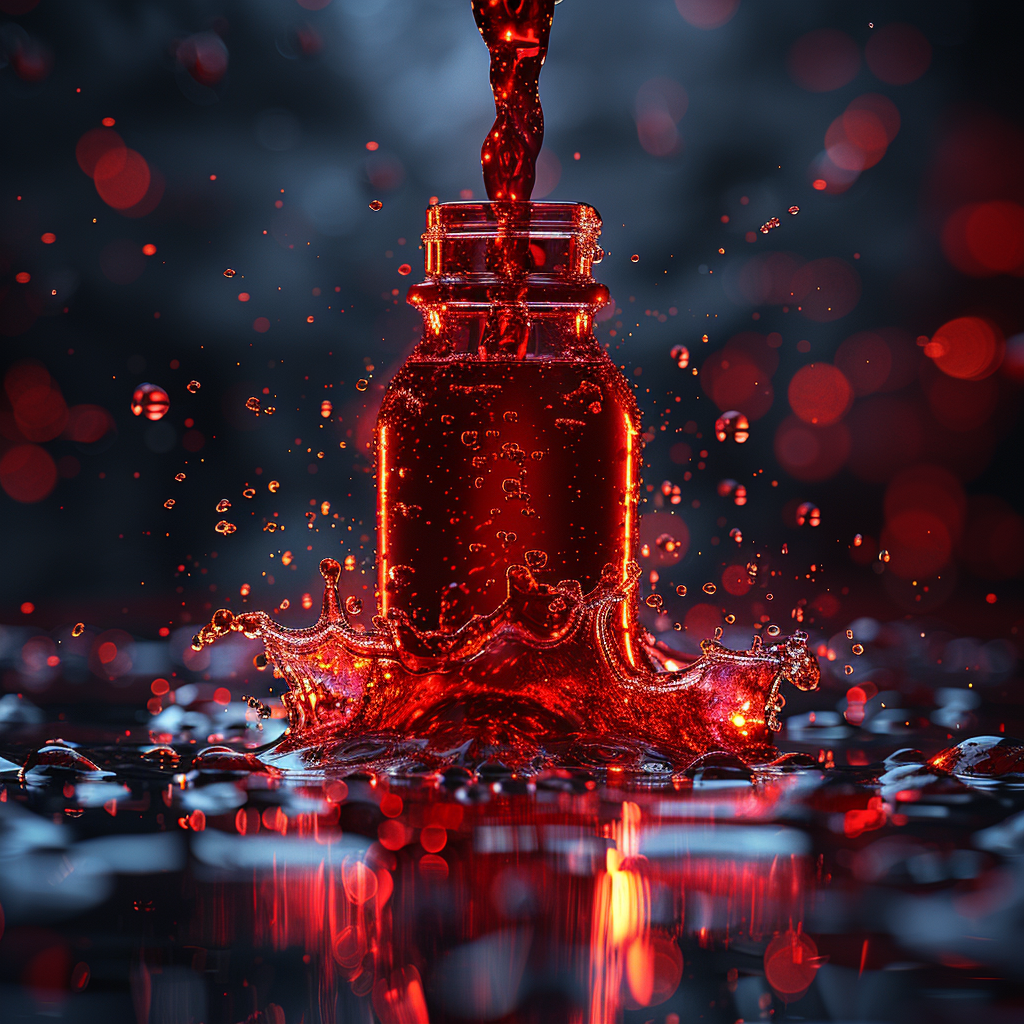 Red liquid glass flask pour