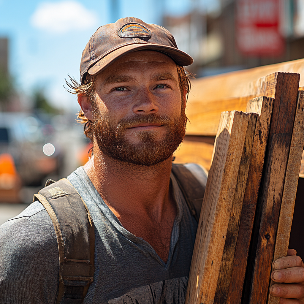 overweight man with wooden planks