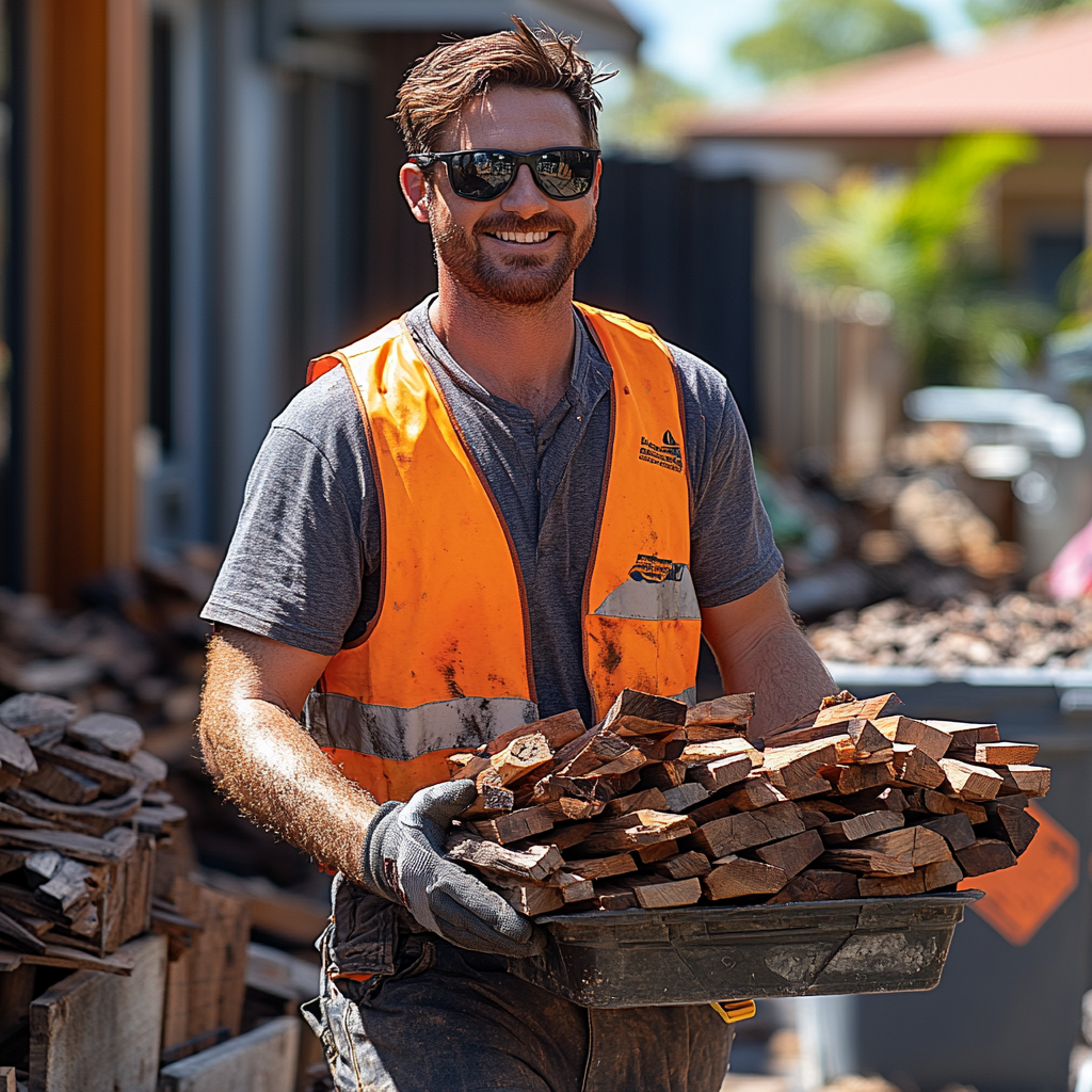 Redheaded man carrying wood skip bin