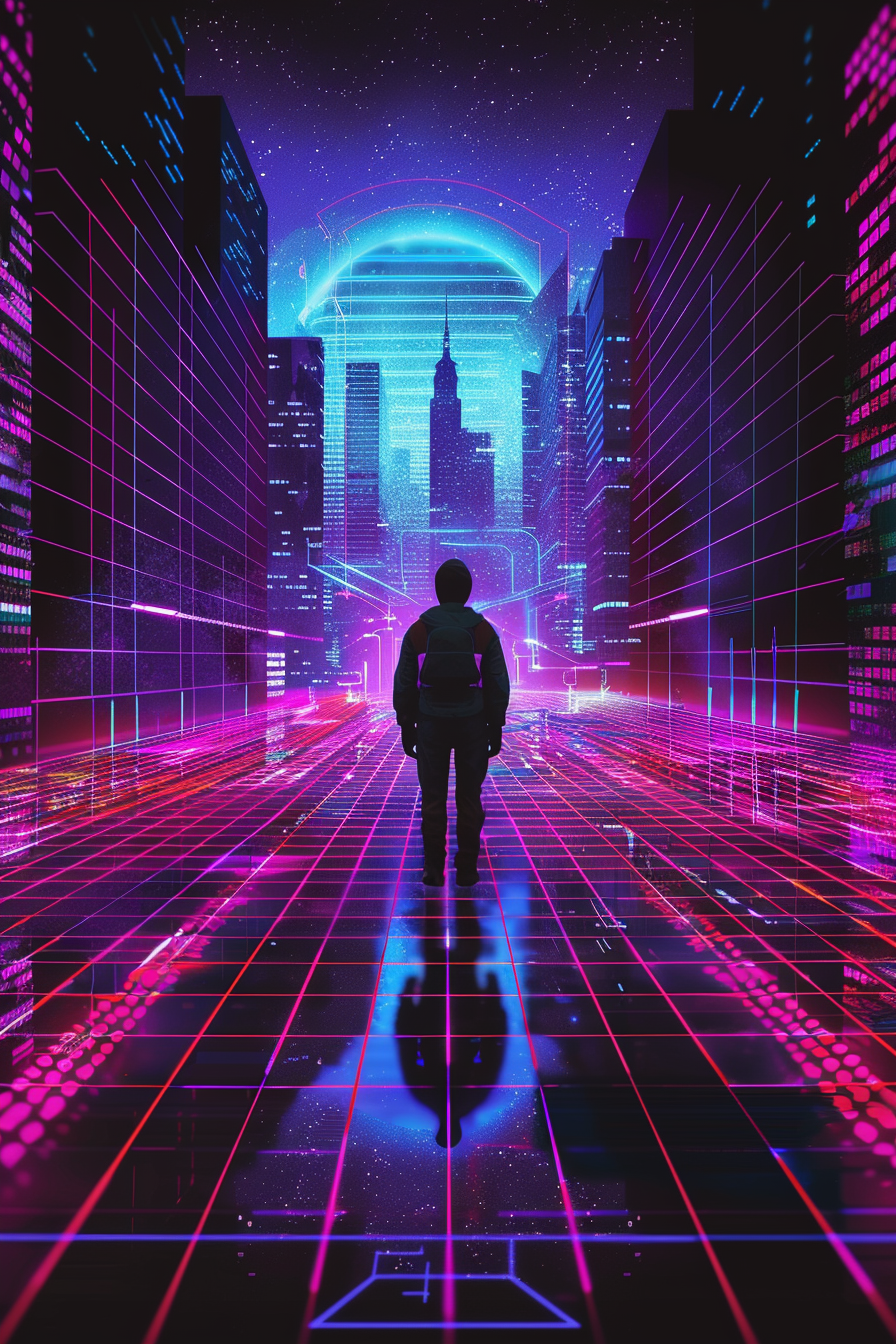 Silhouetted figure in neon cityscape