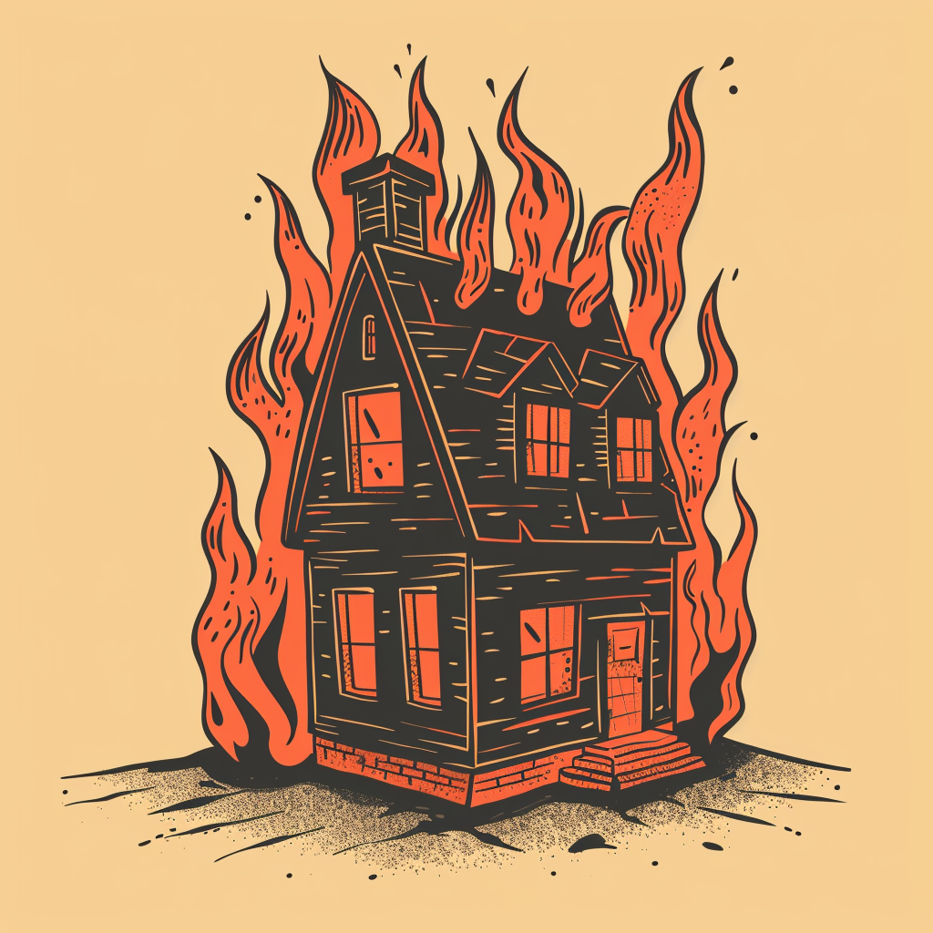 Retro Style House Flames Cartoon