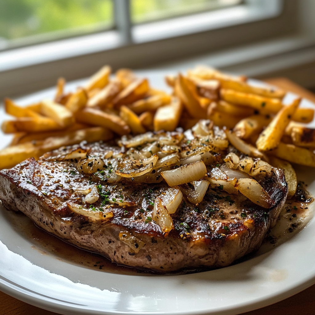 ribeye steak french onions fries