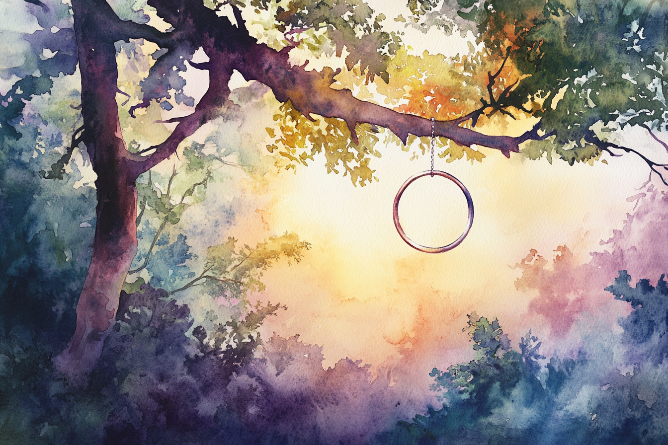 Watercolor illustration of ring on tree branch