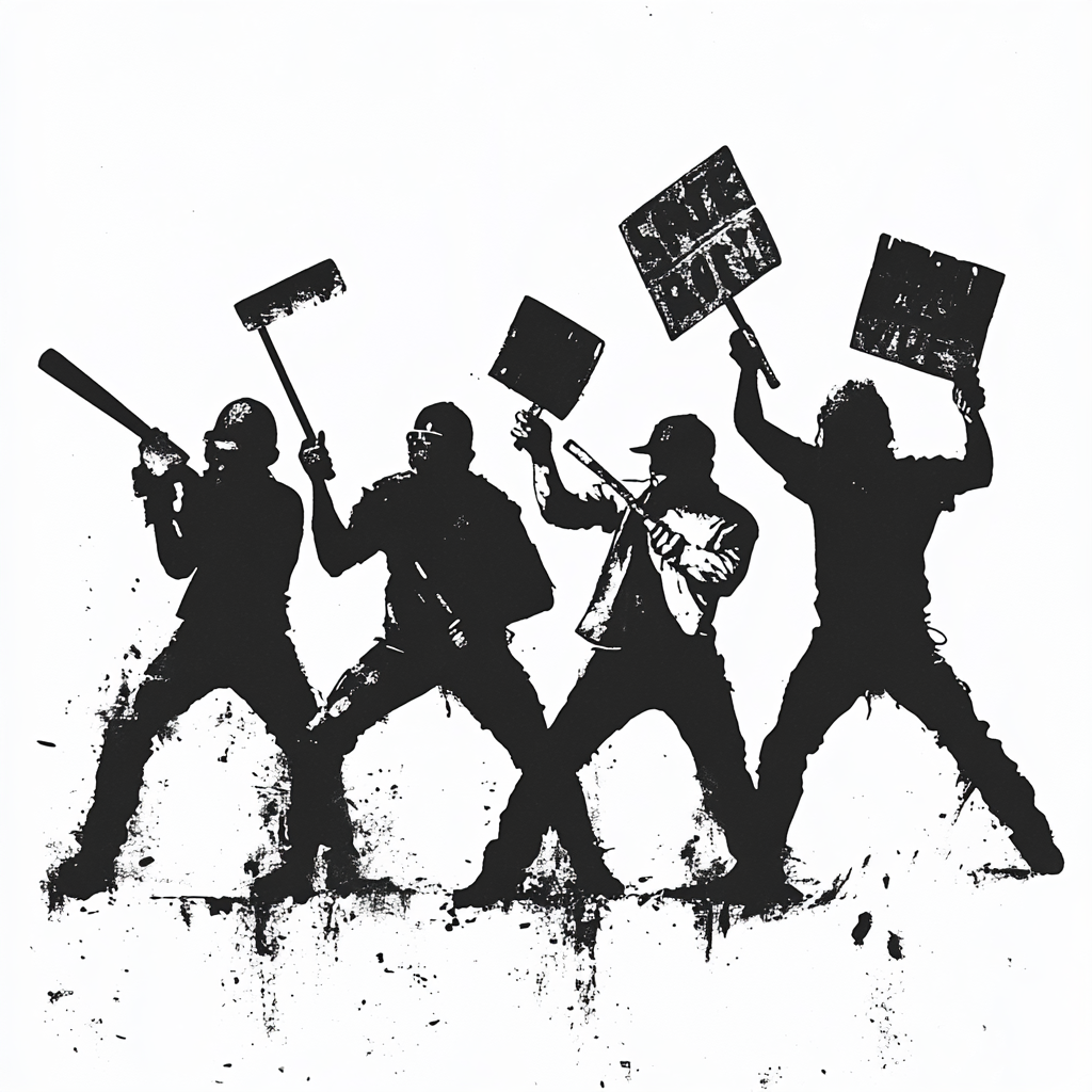 Rioters protest with weapons stencil