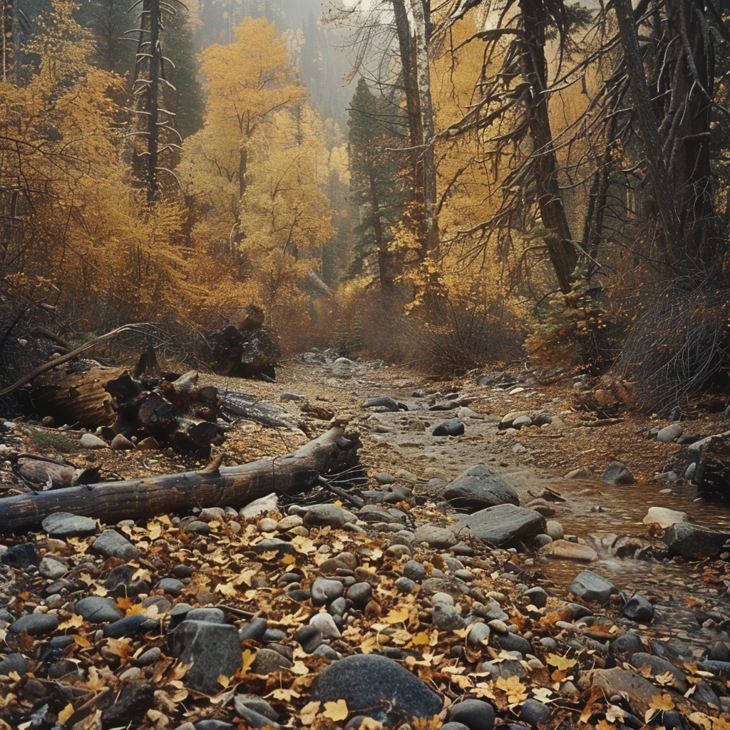 river bed in Autumn with surrounding forest trees