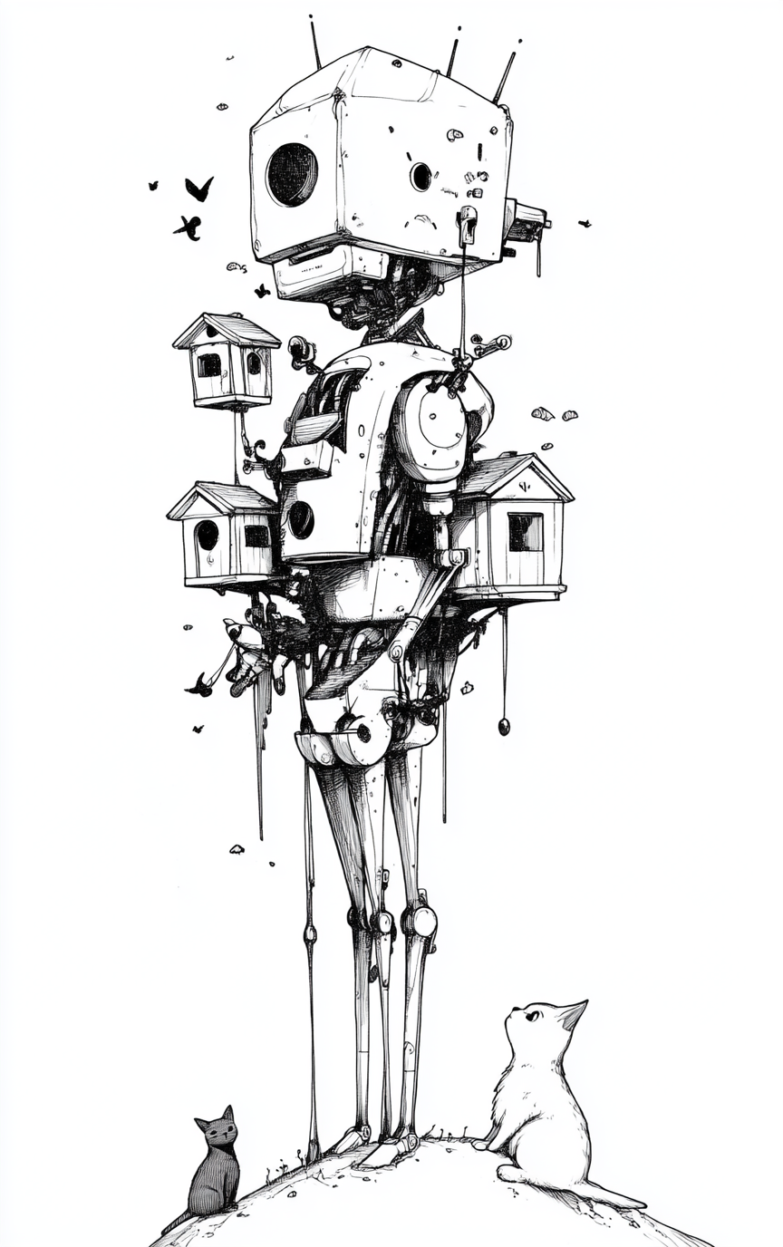 minimalist black-and-white robot birdhouses drawing