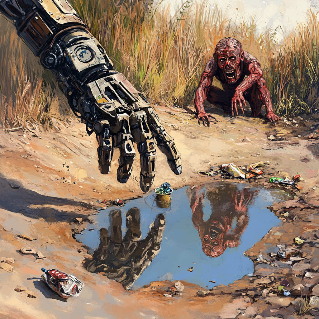 robot hand picking up garbage, reflection of giant aborigines.