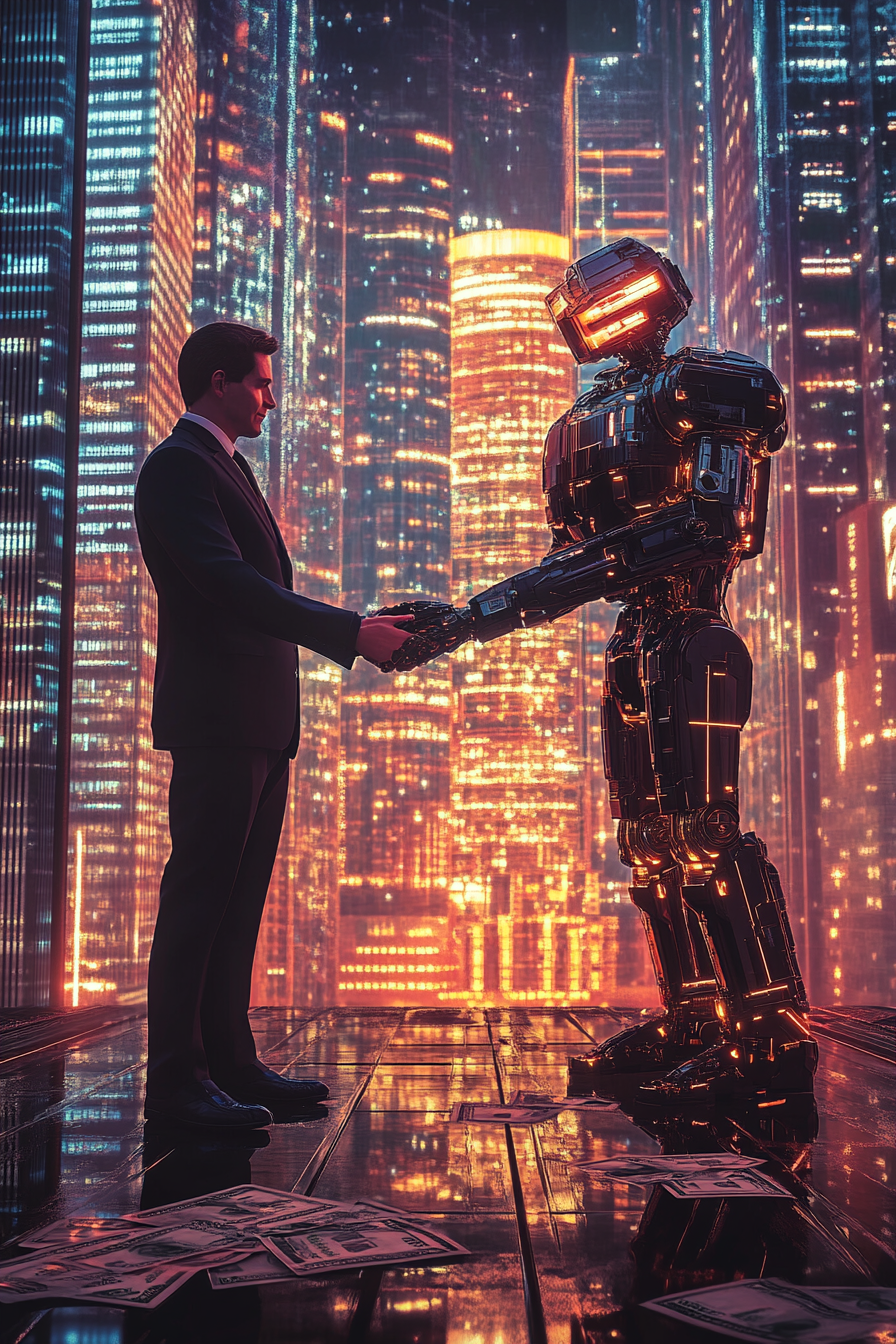 Robot shaking hands with businessman