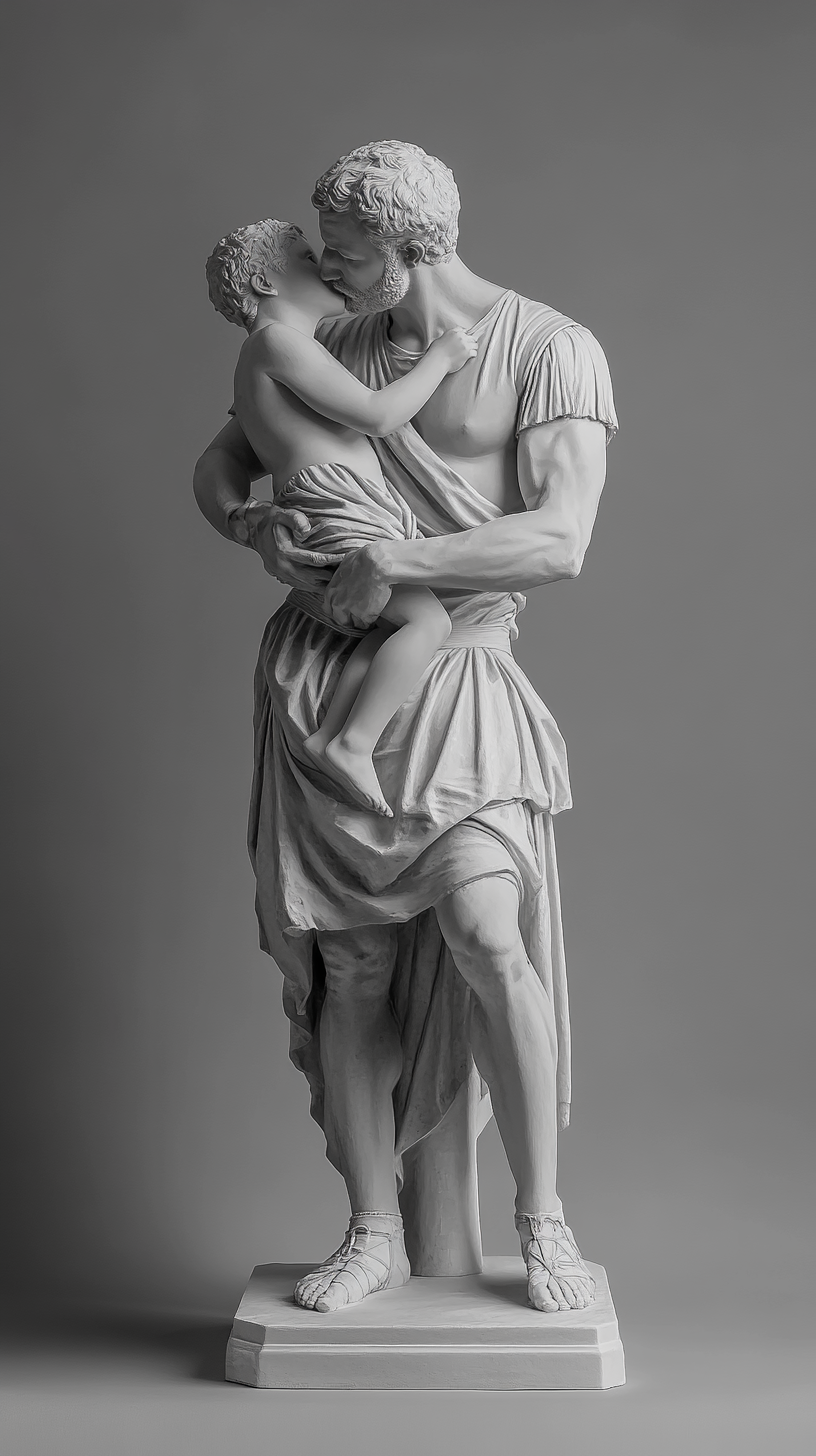 Roman man kisses child statue