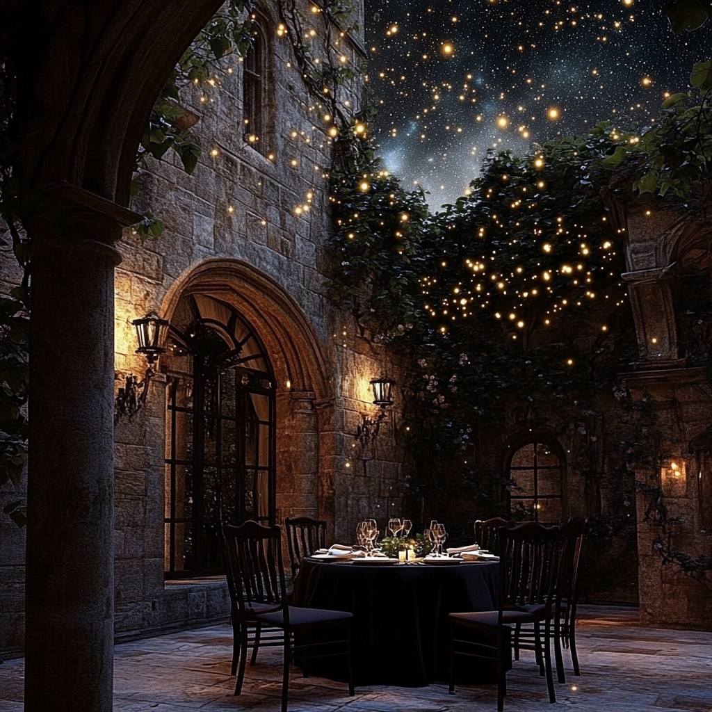 romantic castle dinner with twinkle lights and stars viewing