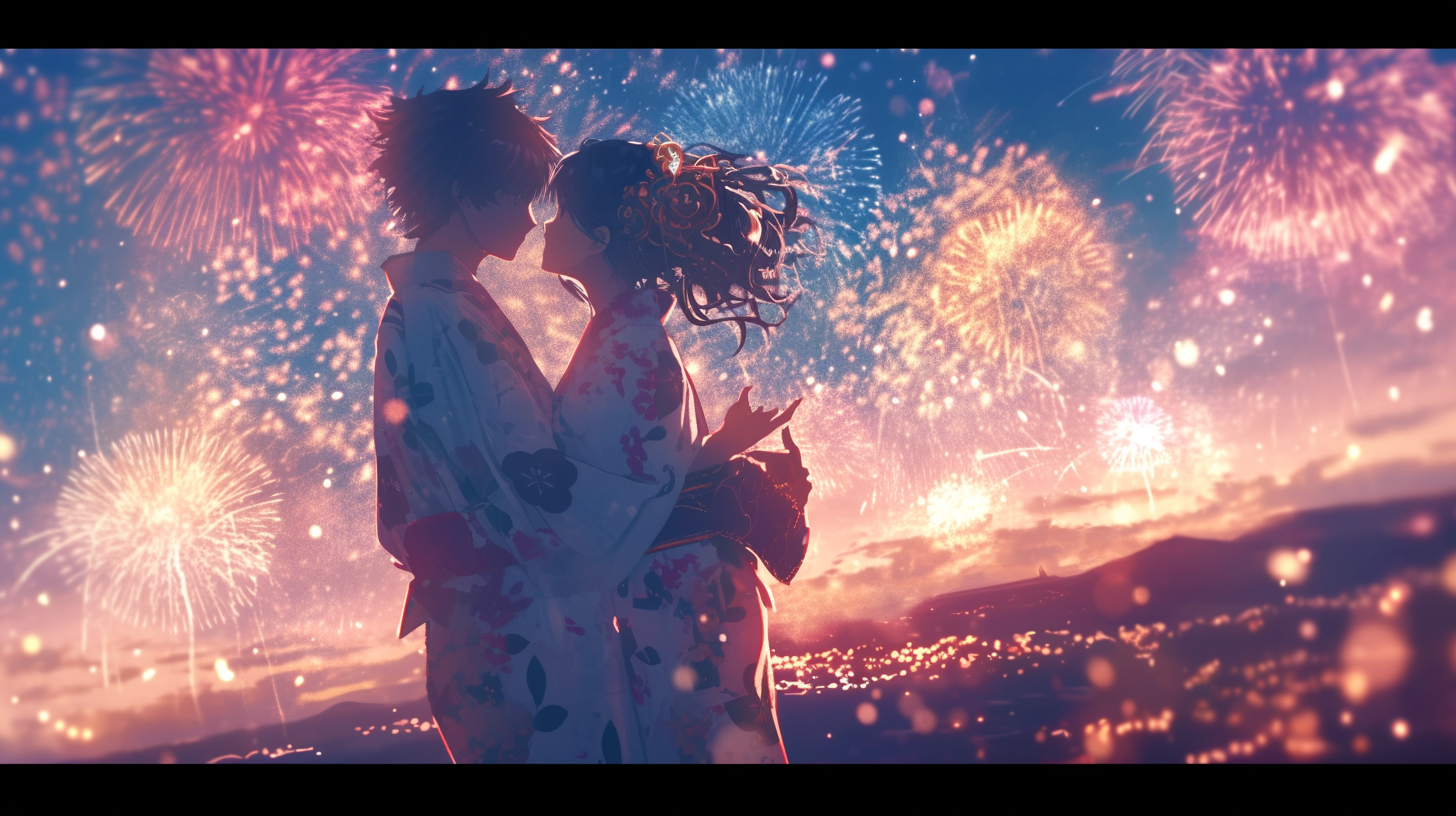 Romantic Couple Watching Fireworks Together