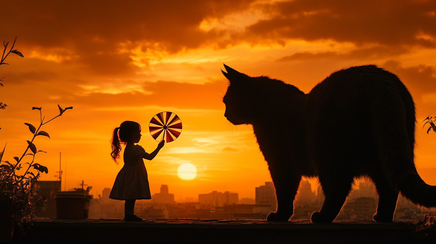 Little girl with pinwheel at sunset