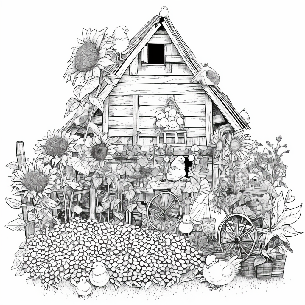 Black and White Farm Landscape Coloring