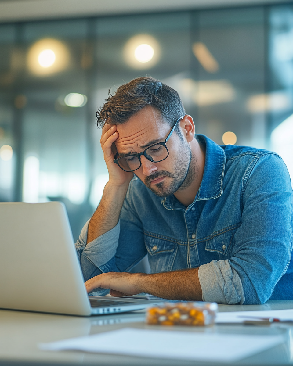 Sad man working at office desk