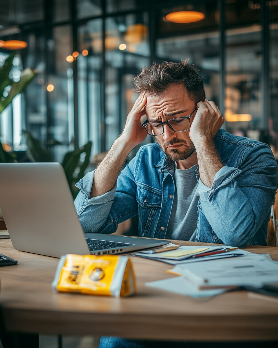 man sad office desk laptop