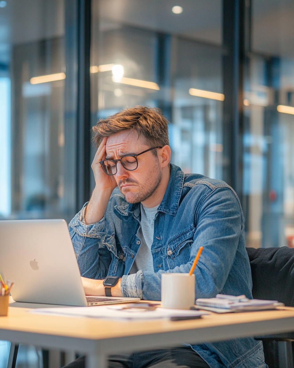 Sad man at desk with laptop