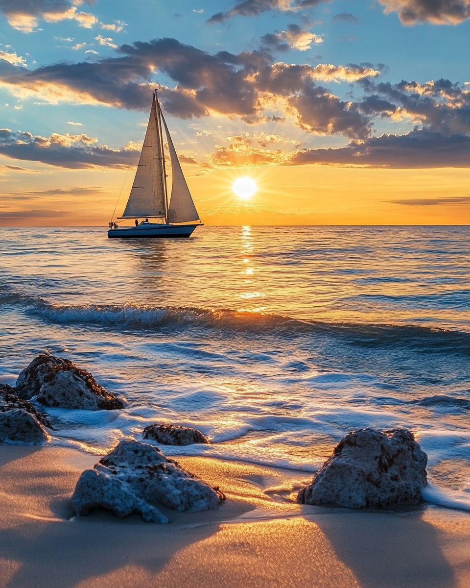 sailboat on horizon at sunset