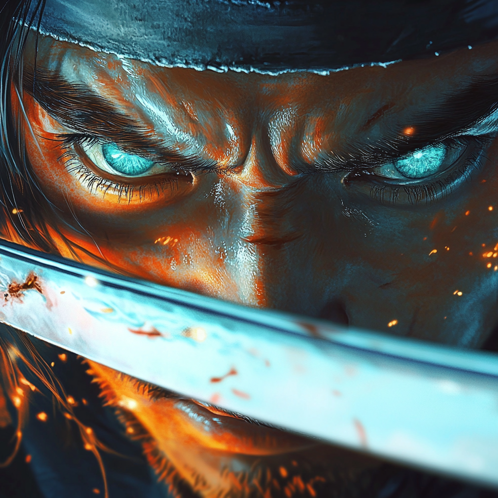 Samurai with burning turquoise katana