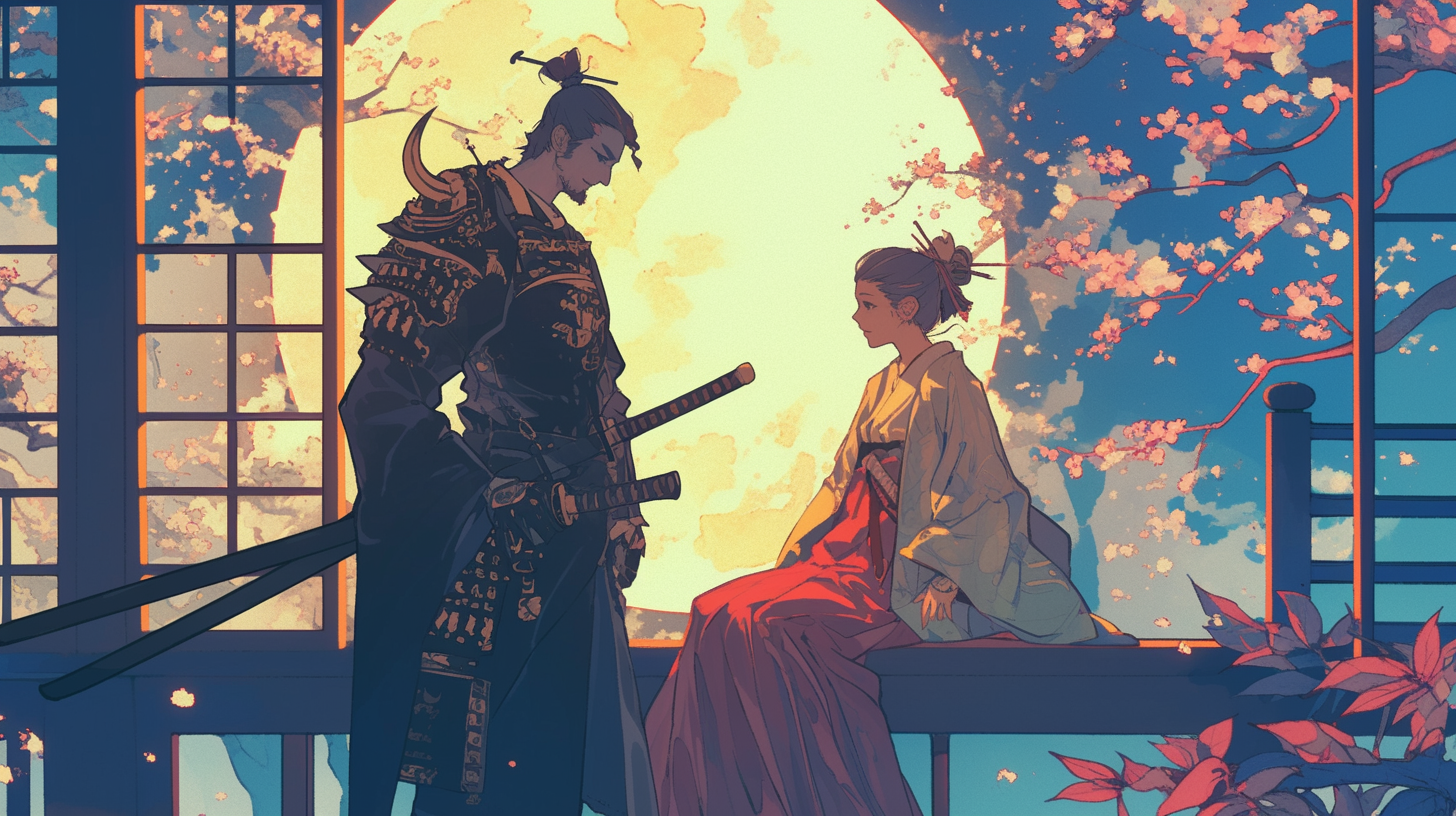 samurai princess smiling in moonlight