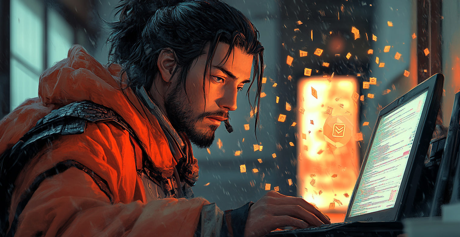 Samurai studying with Bitcoin and Ethereum